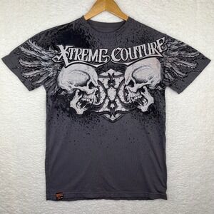 Xtreme Couture Affliction Mens Charcoal Gray Skulls Wings Graphic T-Shirt Medium